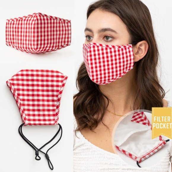 Red Gingham Reusable 3 Layers Filter Pocket Mask - Picture 1 of 8